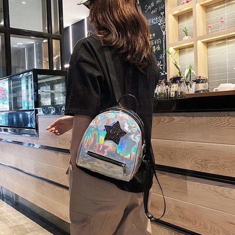 Star Glitter Laser Color PU Leather Double Shoulders Bag Ladies Handbag Backpack Bag (Silver)