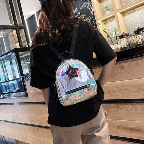 Star Glitter Laser Color PU Leather Double Shoulders Bag Ladies Handbag Backpack Bag (Silver)