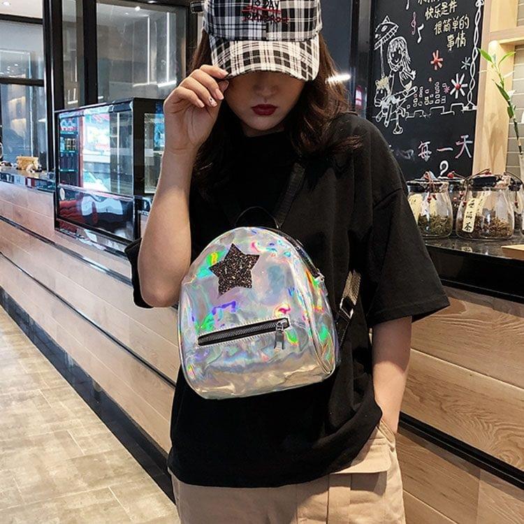Star Glitter Laser Color PU Leather Double Shoulders Bag Ladies Handbag Backpack Bag (Silver)