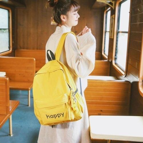 Printed Word Double Shoulders School Bag Travel Backpack Bag with Duck Doll Pendant (Yellow)