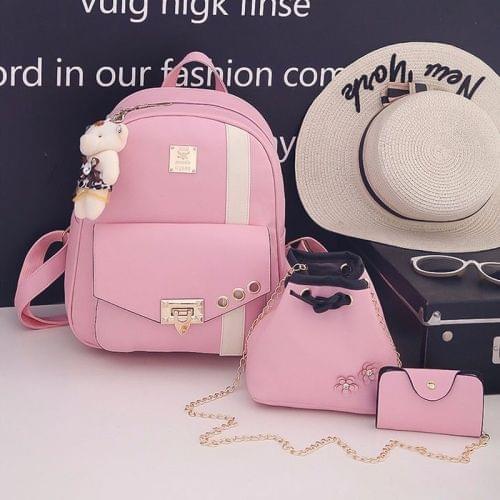 PU Leather Double Shoulders School Bag Travel Backpack Bag with Bear Doll Pendant (Pink)