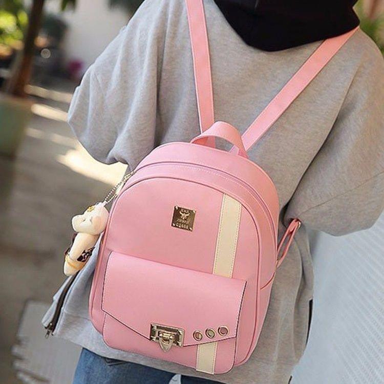 PU Leather Double Shoulders School Bag Travel Backpack Bag with Bear Doll Pendant (Pink)