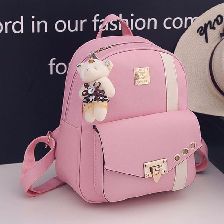 PU Leather Double Shoulders School Bag Travel Backpack Bag with Bear Doll Pendant (Pink)