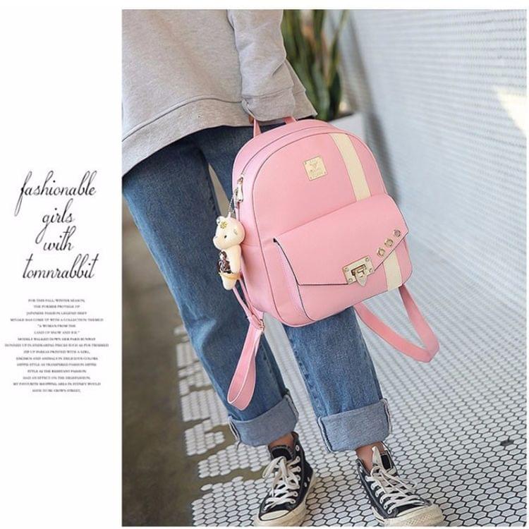 PU Leather Double Shoulders School Bag Travel Backpack Bag with Bear Doll Pendant (Pink)