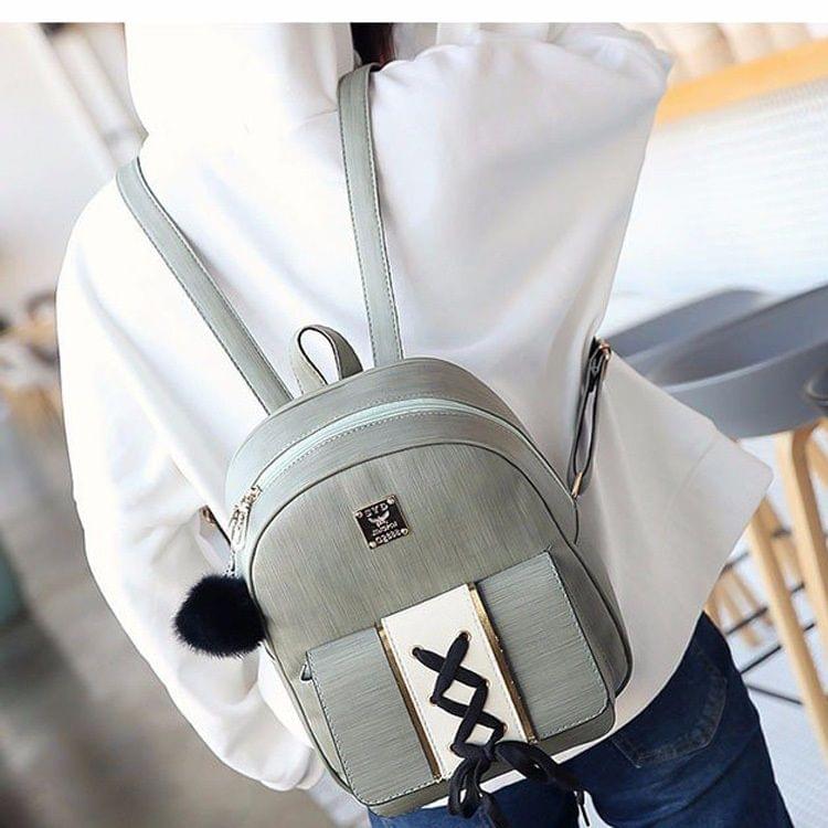 PU Leather Double Shoulders School Bag Travel Backpack Bag (Grey)