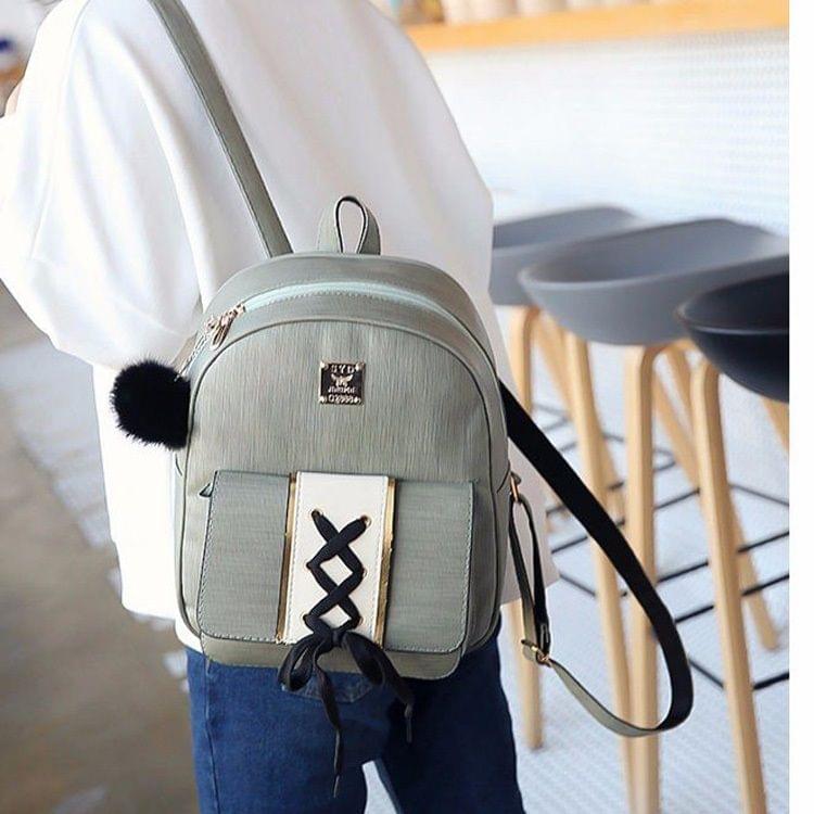 PU Leather Double Shoulders School Bag Travel Backpack Bag (Grey)