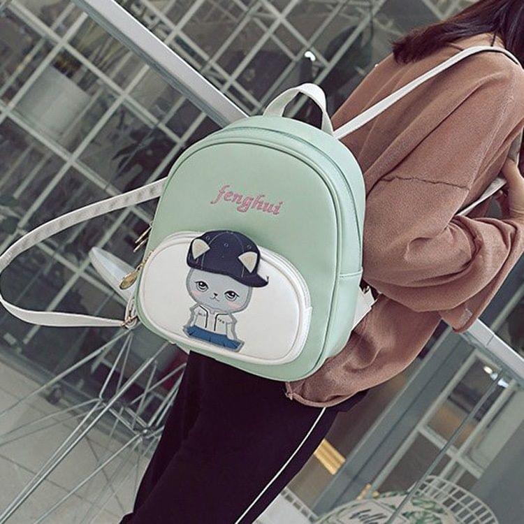 Baseball Cute Cat Pattern PU Leather Double Shoulders Travel Backpack Bag