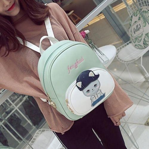 Baseball Cute Cat Pattern PU Leather Double Shoulders Travel Backpack Bag