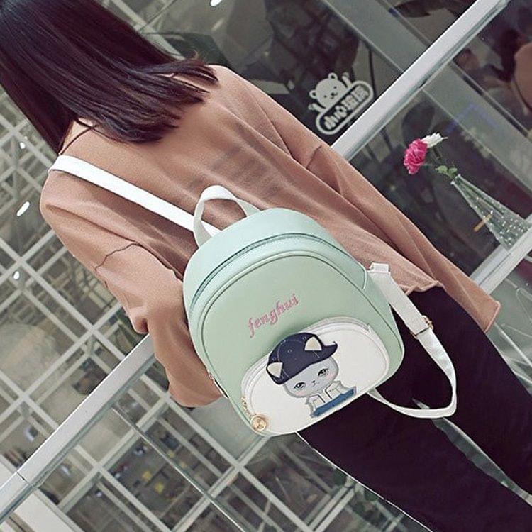 Baseball Cute Cat Pattern PU Leather Double Shoulders Travel Backpack Bag