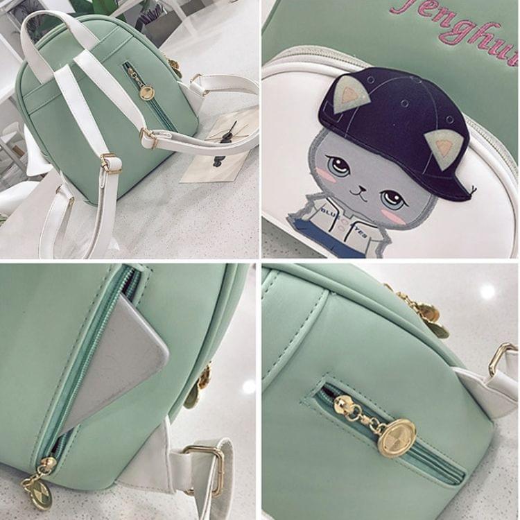 Baseball Cute Cat Pattern PU Leather Double Shoulders Travel Backpack Bag