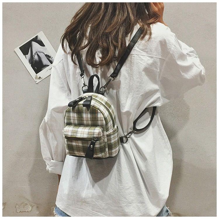 Fashion Plaid Double Shoulders School Bag Travel Backpack Bag