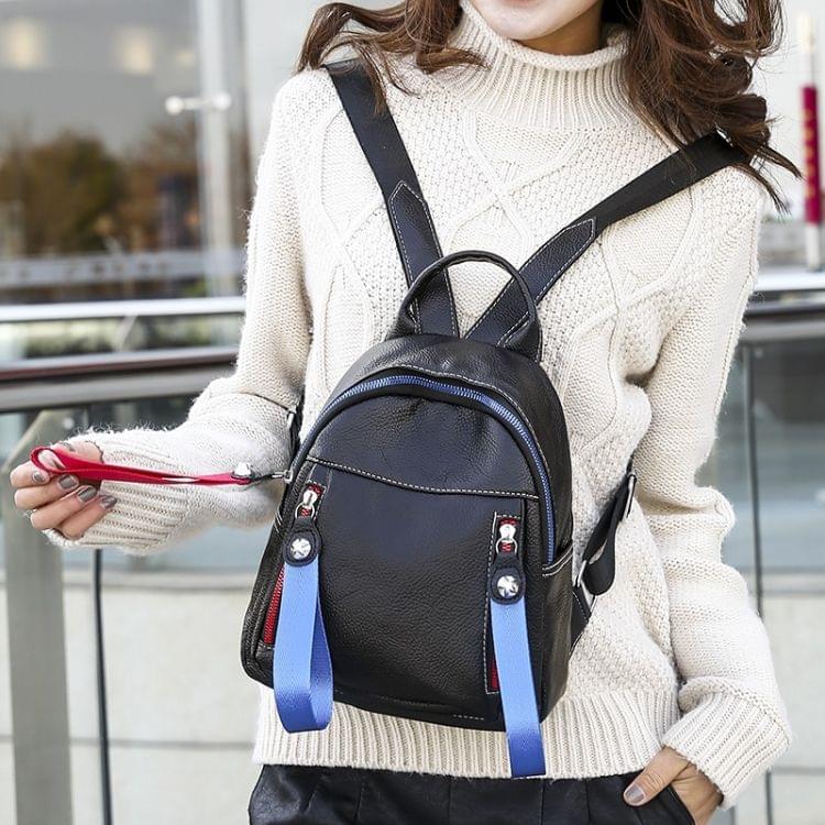 Solid Color Casual Shoulder Bag Litchi PU Leather Soft Backpack Bag (Black)