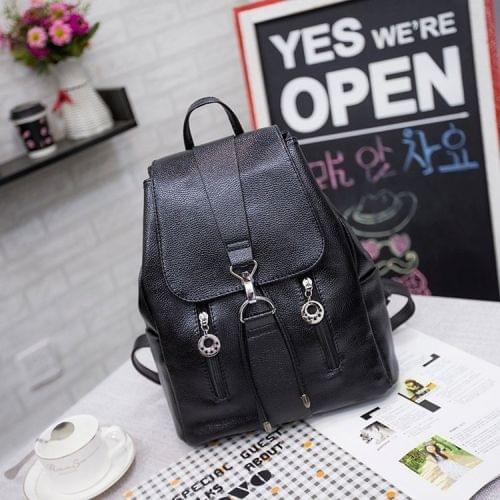 PU Leather Double Shoulders School Bag Travel Backpack Bag (Black)