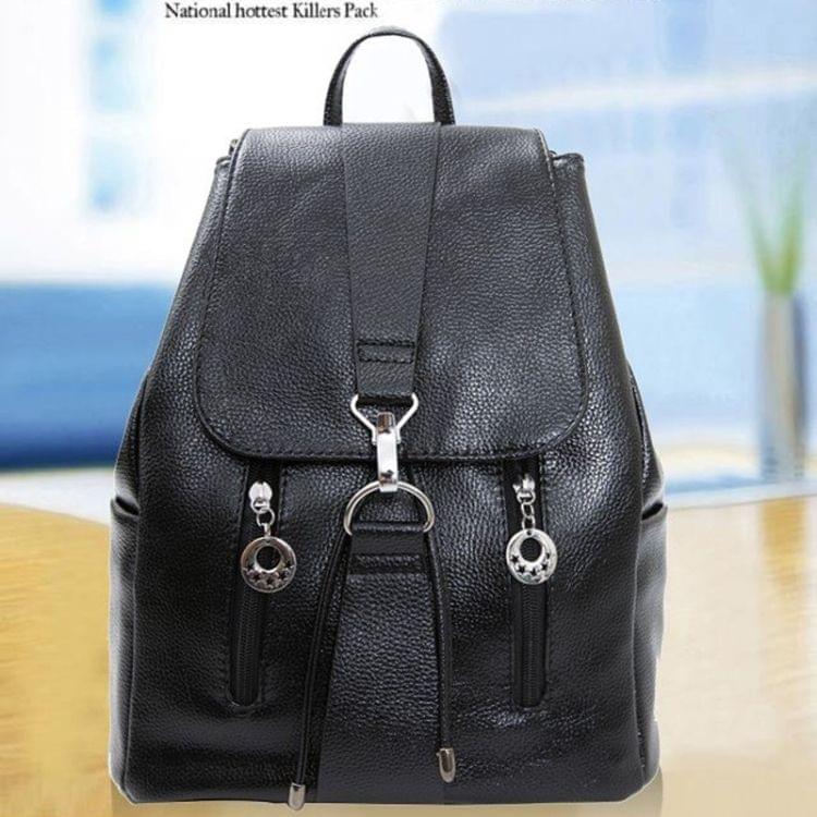 PU Leather Double Shoulders School Bag Travel Backpack Bag (Black)