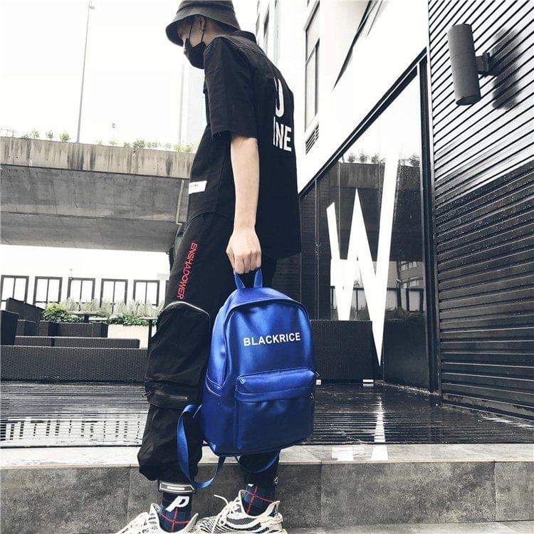 PU Leather Double Shoulders School Bag Travel Backpack Bag (Blue)