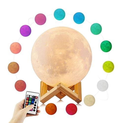 YouOKLight 16-colors LED 3D Print Moon Light Night Lamp with Stand & Remote Control, Diameter: 15cm