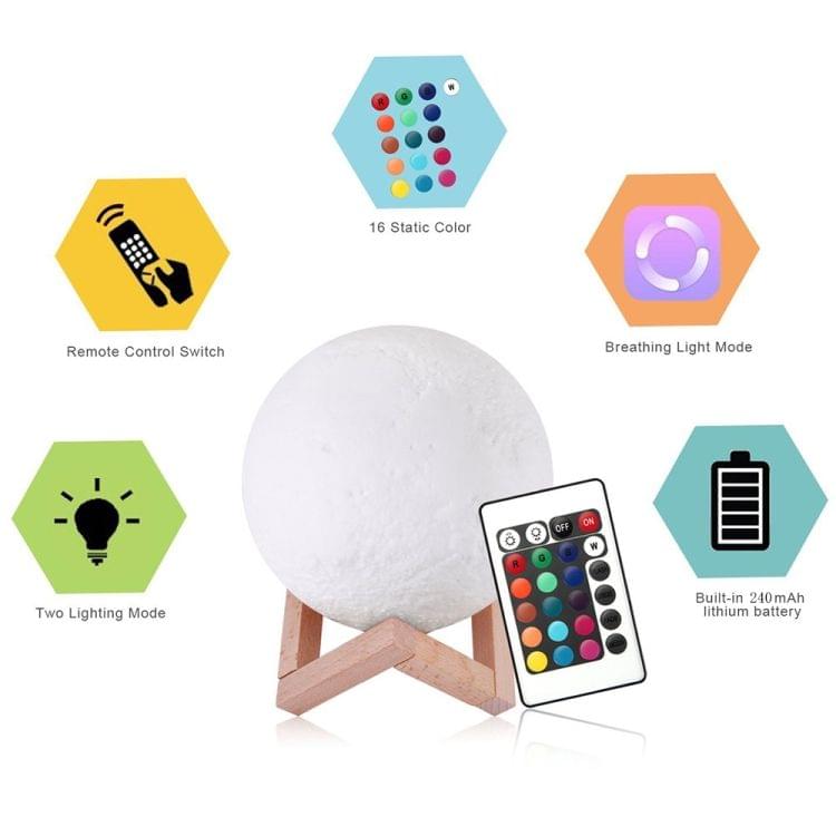 YouOKLight 16-colors LED 3D Print Moon Light Night Lamp with Stand & Remote Control, Diameter: 15cm