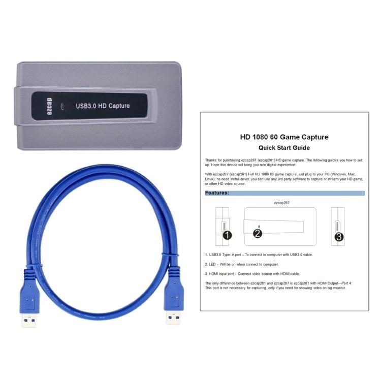 EZCAP287 USB 3.0 HDMI 1080P Video Capture Device Stream Box, No Need Install Driver(Grey)
