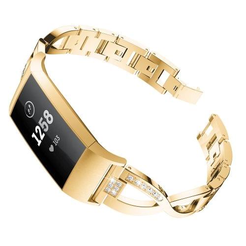 X-shaped Diamond-studded Metal Steel Wrist Strap Watch Band for Fitbit Charge 3 (Gold)