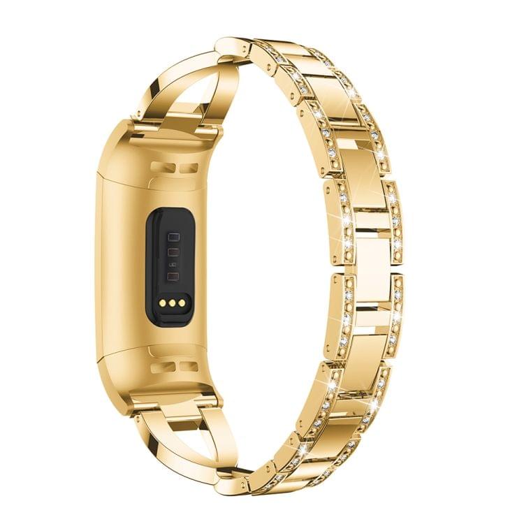 X-shaped Diamond-studded Metal Steel Wrist Strap Watch Band for Fitbit Charge 3 (Gold)