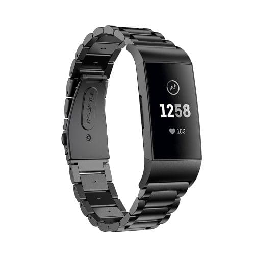 Three Beads Slingshot Buckle Solid Stainless Steel Wrist Strap Watch Band for Fitbit Charge 3 (Black)