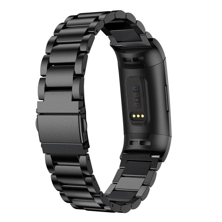 Three Beads Slingshot Buckle Solid Stainless Steel Wrist Strap Watch Band for Fitbit Charge 3 (Black)