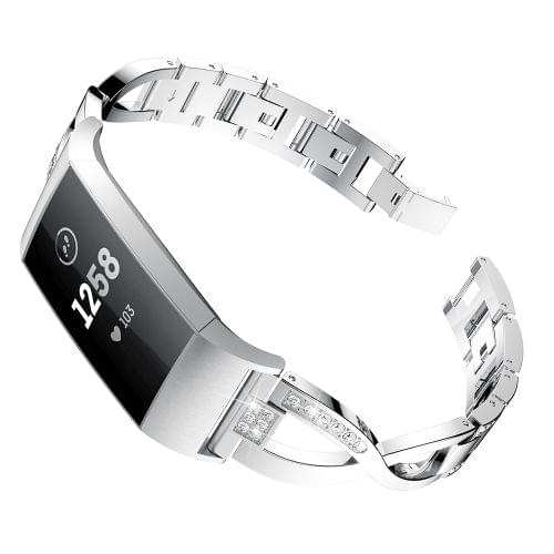 X-shaped Diamond-studded Metal Steel Wrist Strap Watch Band for Fitbit Charge 3 (Silver)