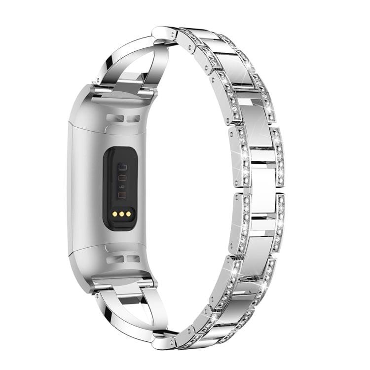 X-shaped Diamond-studded Metal Steel Wrist Strap Watch Band for Fitbit Charge 3 (Silver)