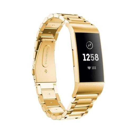 Three Beads Slingshot Buckle Solid Stainless Steel Wrist Strap Watch Band for Fitbit Charge 3 (Gold)