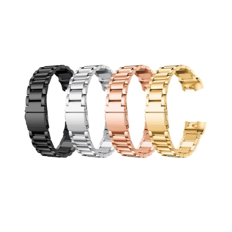 Three Beads Slingshot Buckle Solid Stainless Steel Wrist Strap Watch Band for Fitbit Charge 3 (Rose Gold)