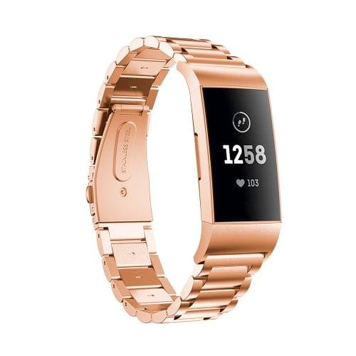 Three Beads Slingshot Buckle Solid Stainless Steel Wrist Strap Watch Band for Fitbit Charge 3 (Rose Gold)