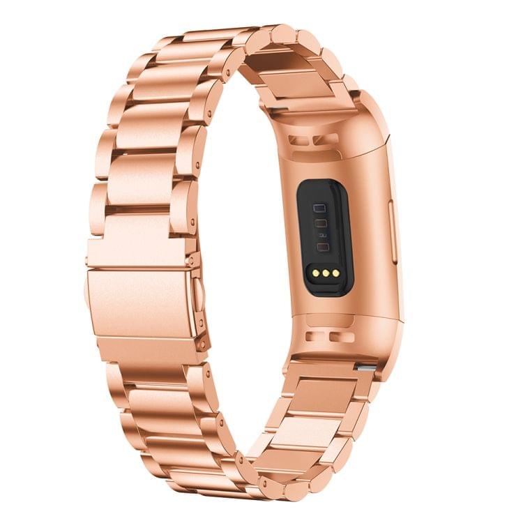 Three Beads Slingshot Buckle Solid Stainless Steel Wrist Strap Watch Band for Fitbit Charge 3 (Rose Gold)