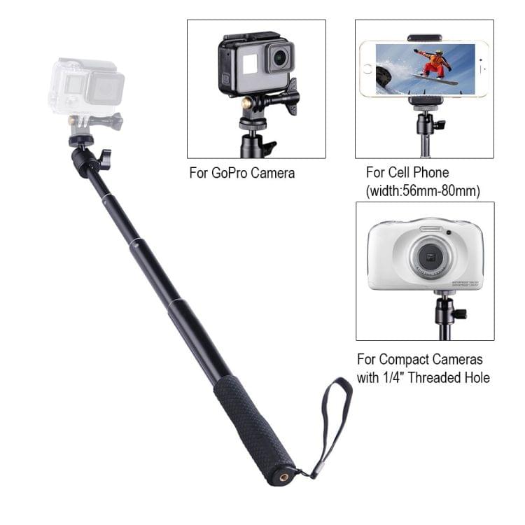Universal 360 degree Selfie Stick with Black Rope for Gopro, Cellphone, Compact Cameras with 1/4 Threaded Hole, Length: 300mm-710mm