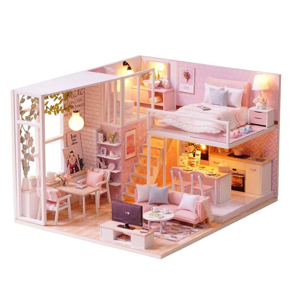 DIY Miniature Loft Dollhouse Kit 3D Pink Wooden House Room(No Dust Cover-No Music Box)