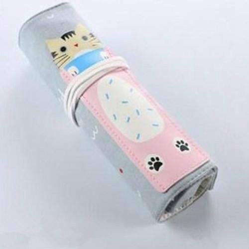 Cat Pattern Pencil Case School Pencil Case Canvas Roll Up Pencil Bag Portable Pencil Box School Supplies (Pink Cat)
