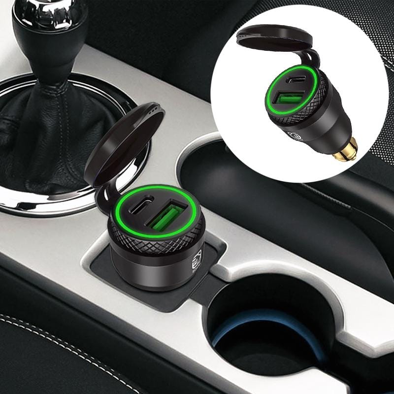 Motorcycle European-style Small-caliber Aluminum Alloy QC 3.0 + PD Fast Charge USB Charger, Shell Color:Black (Green Light)