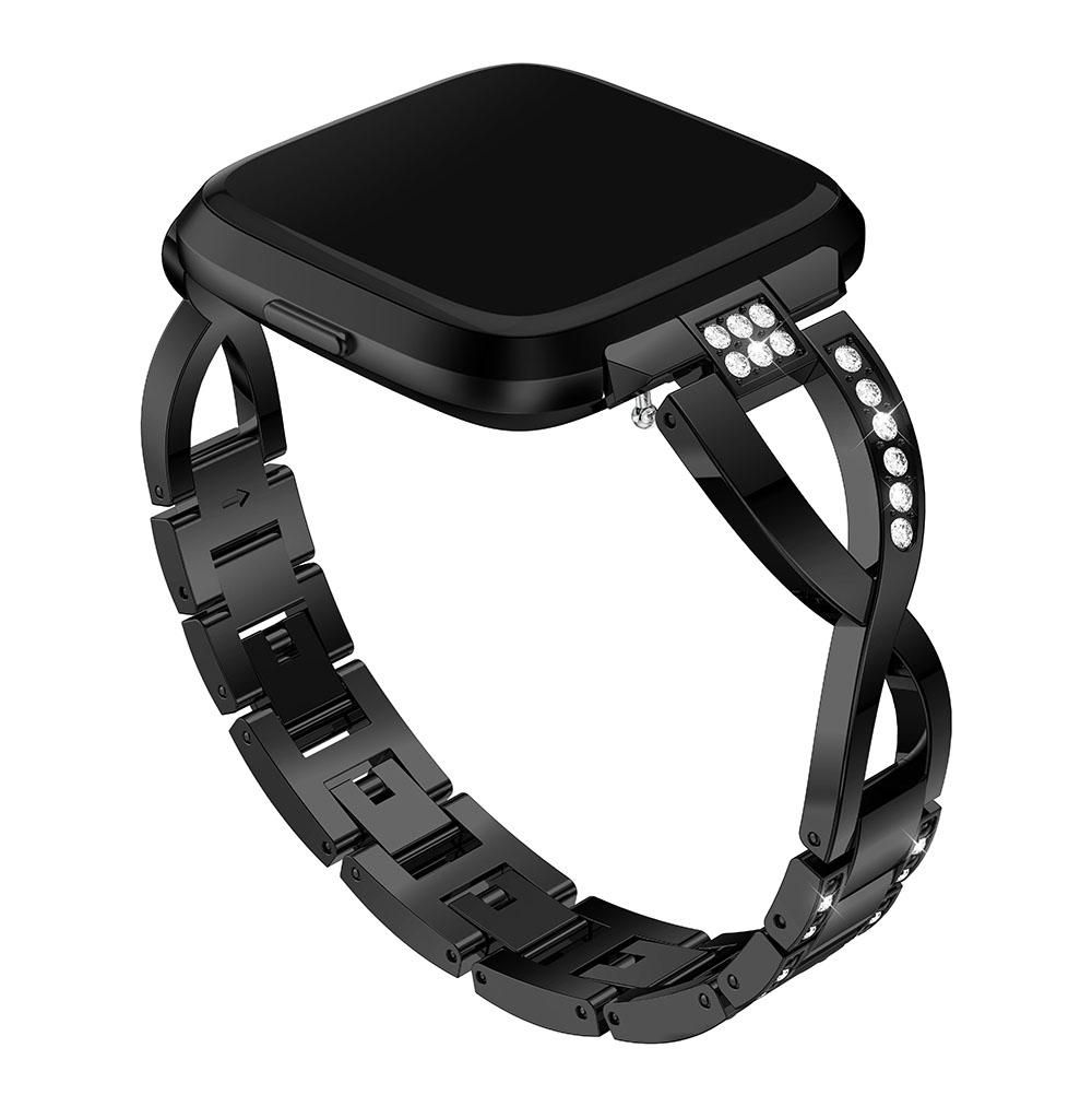 X-shaped Diamond-studded Solid Stainless Steel Wrist Strap Watch Band for Fitbit Versa Lite (Silver)