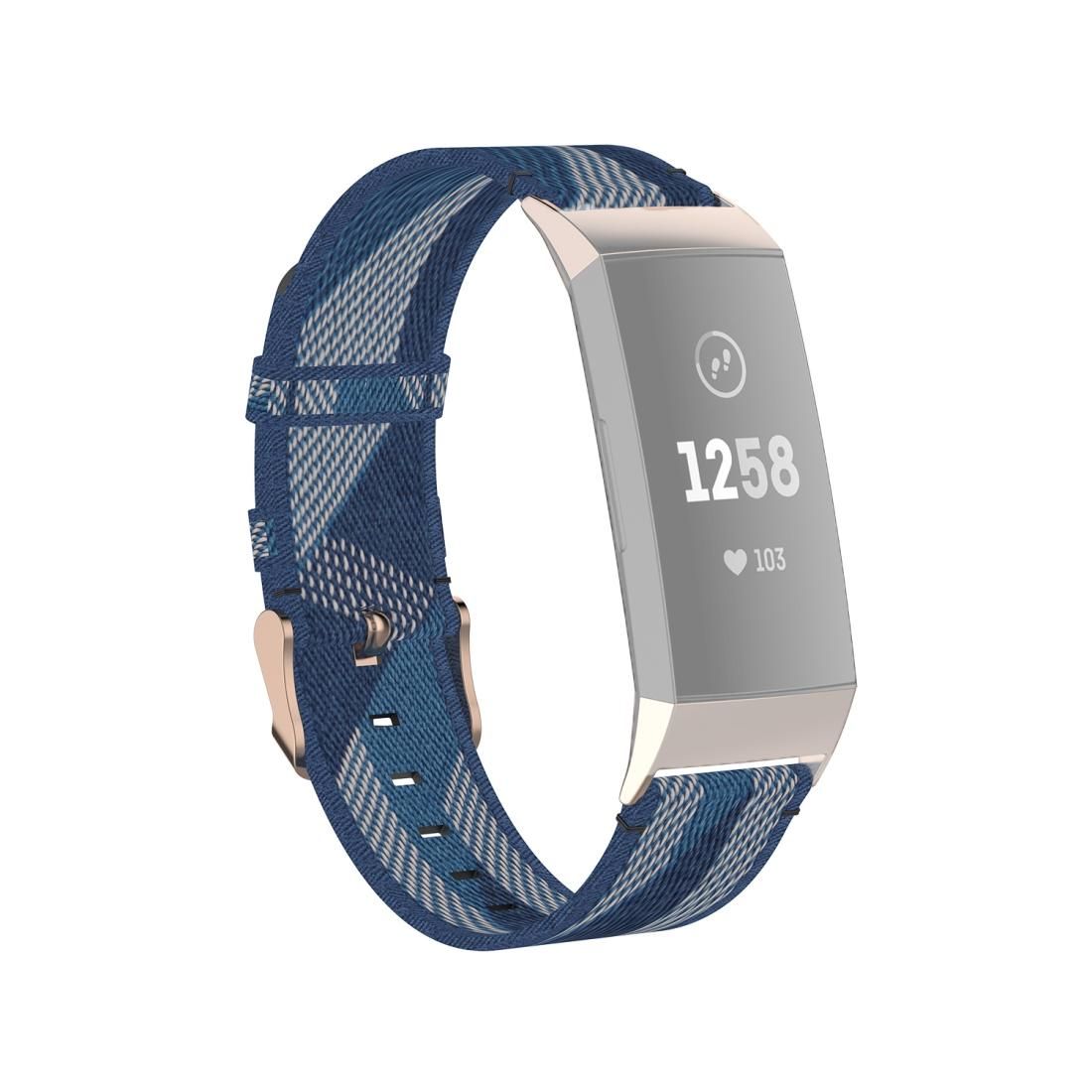 For Fitbit Charge 4 / Charge 3 / Charge 3 SE Stainless Steel Head Grain Nylon Denim Replacement Strap Watchband (Blue Stripe)