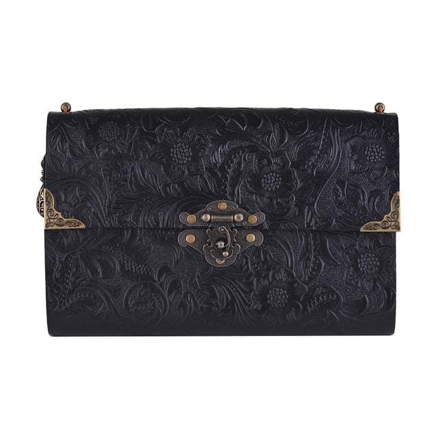 Embossed Pattern Soft Leather Travel Leather Notebook Diary Notepad with Lock & Key (Black)