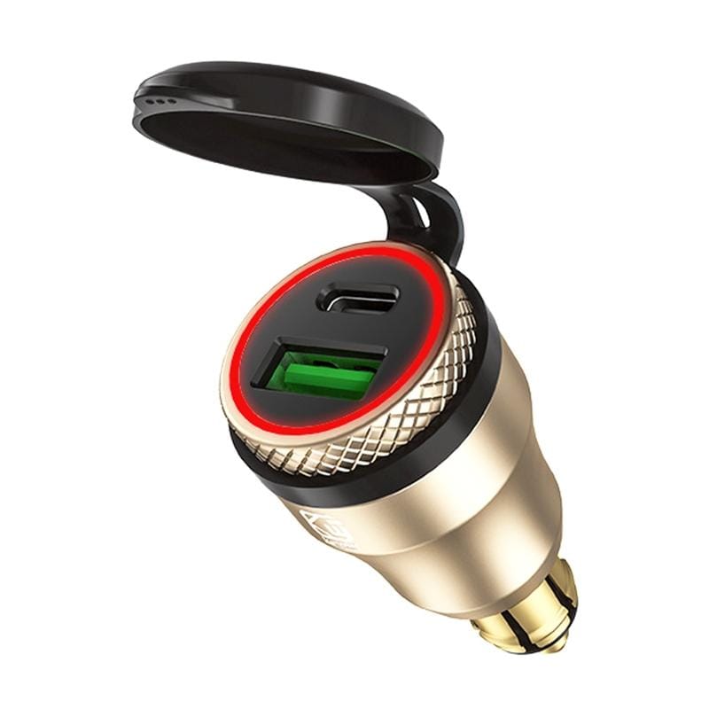 Motorcycle European-style Small-caliber Aluminum Alloy QC 3.0 + PD Fast Charge USB Charger, Shell Color:Gold (Red Light)