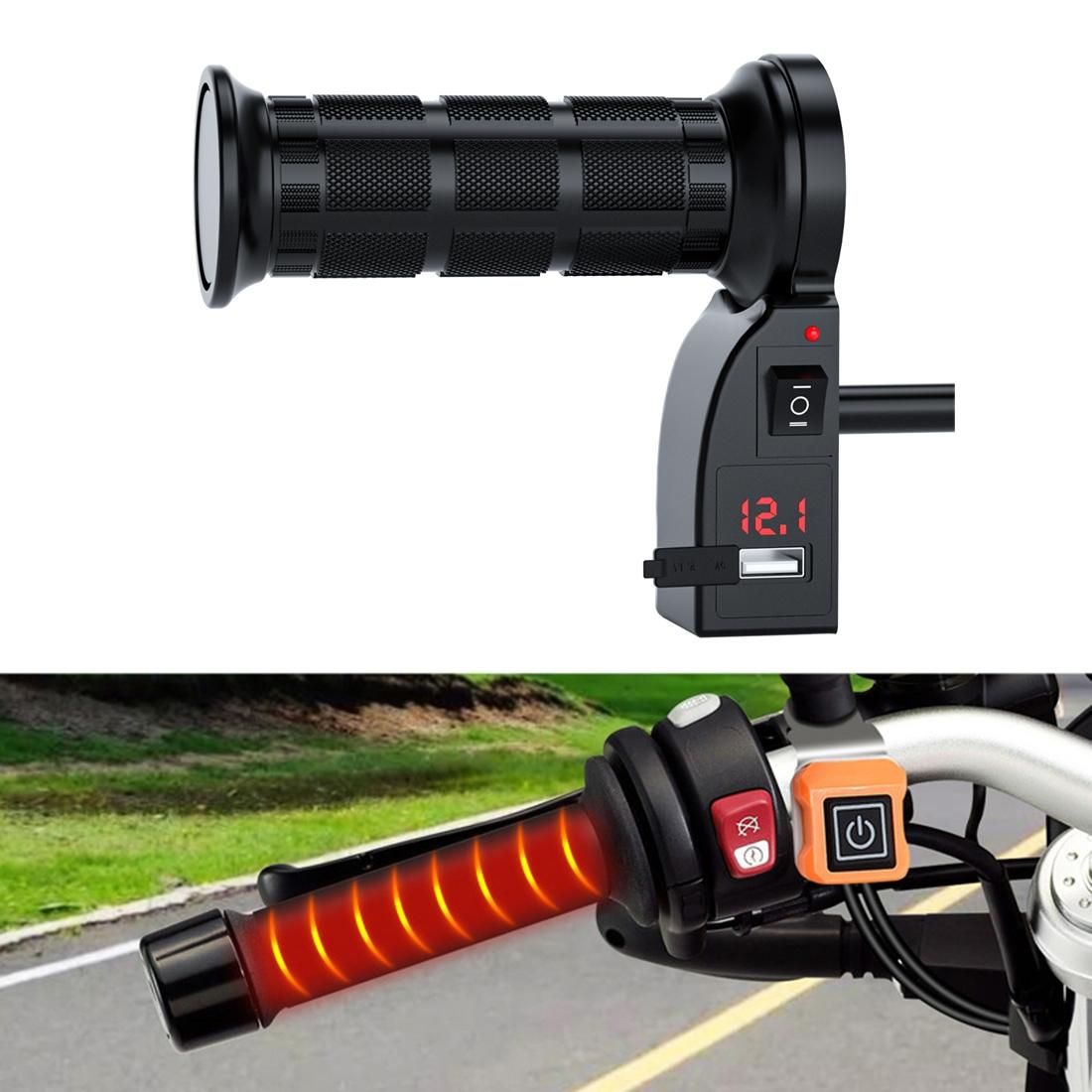 CS-503A3 Motorcycle Modified Electric Heating Hand Cover Heated Grip Handlebar with Digital Voltmeter (Red)