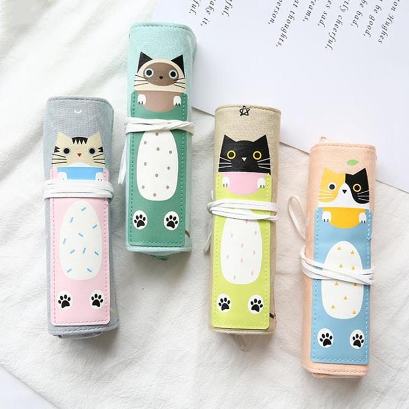 Cat Pattern Pencil Case School Pencil Case Canvas Roll Up Pencil Bag Portable Pencil Box School Supplies (Radish Rabbit)