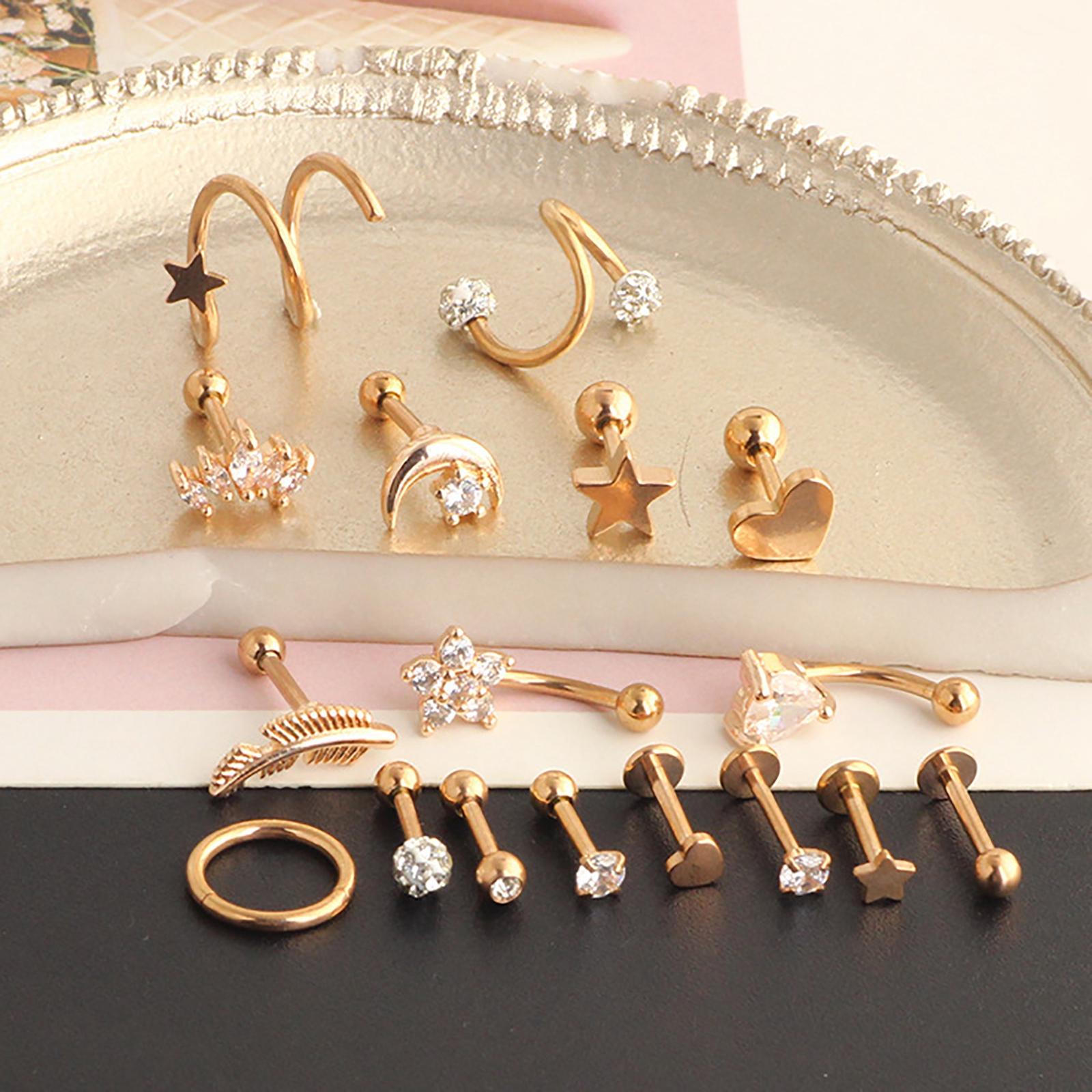 17Pcs Stainless Steel Ear Earrings Piercing Jewelry Nose Rings  Silver