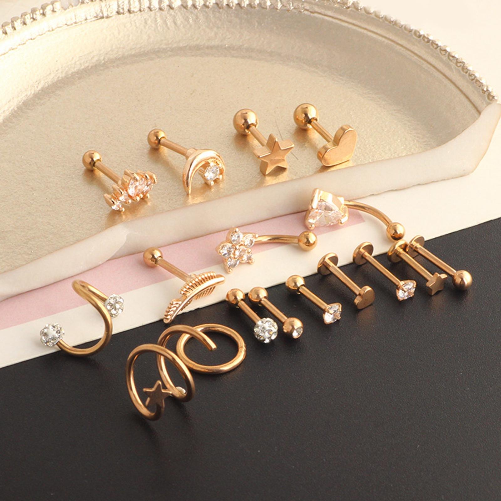 17Pcs Stainless Steel Ear Earrings Piercing Jewelry Nose Rings  Silver
