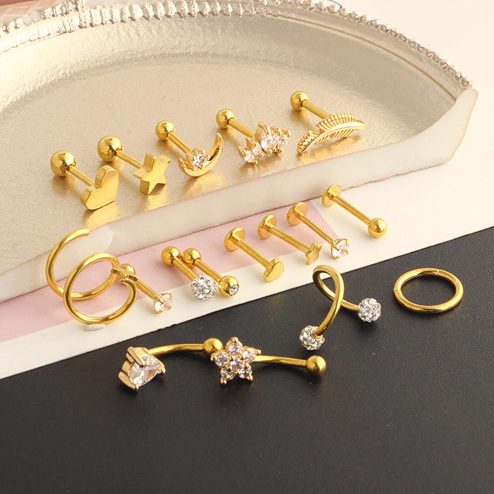 17Pcs Stainless Steel Ear Earrings Piercing Jewelry Nose Rings  Silver