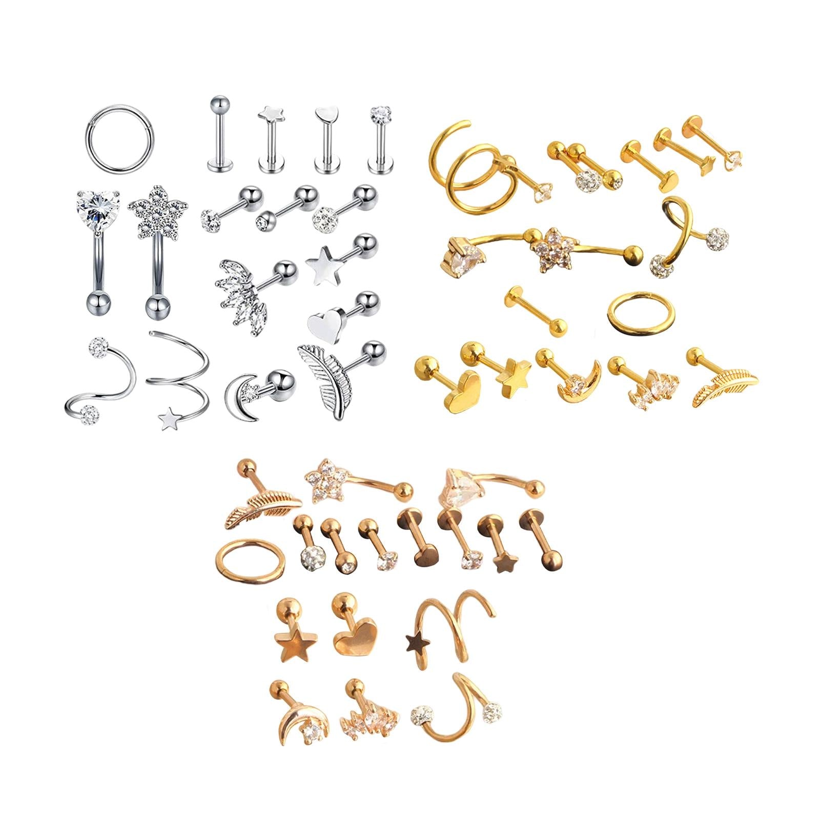 17Pcs Stainless Steel Ear Earrings Piercing Jewelry Nose Rings  Silver