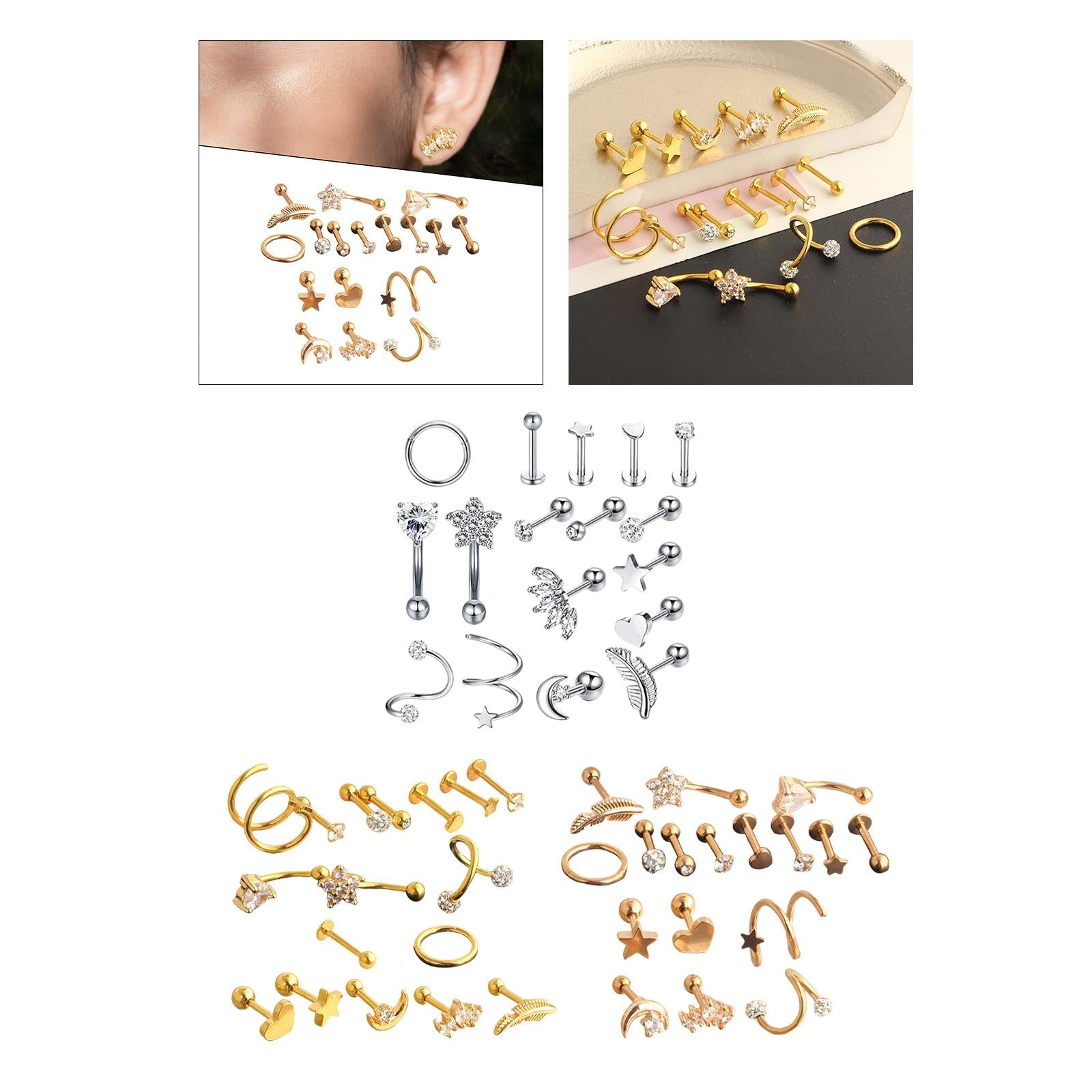 17Pcs Stainless Steel Ear Earrings Piercing Jewelry Nose Rings  Silver
