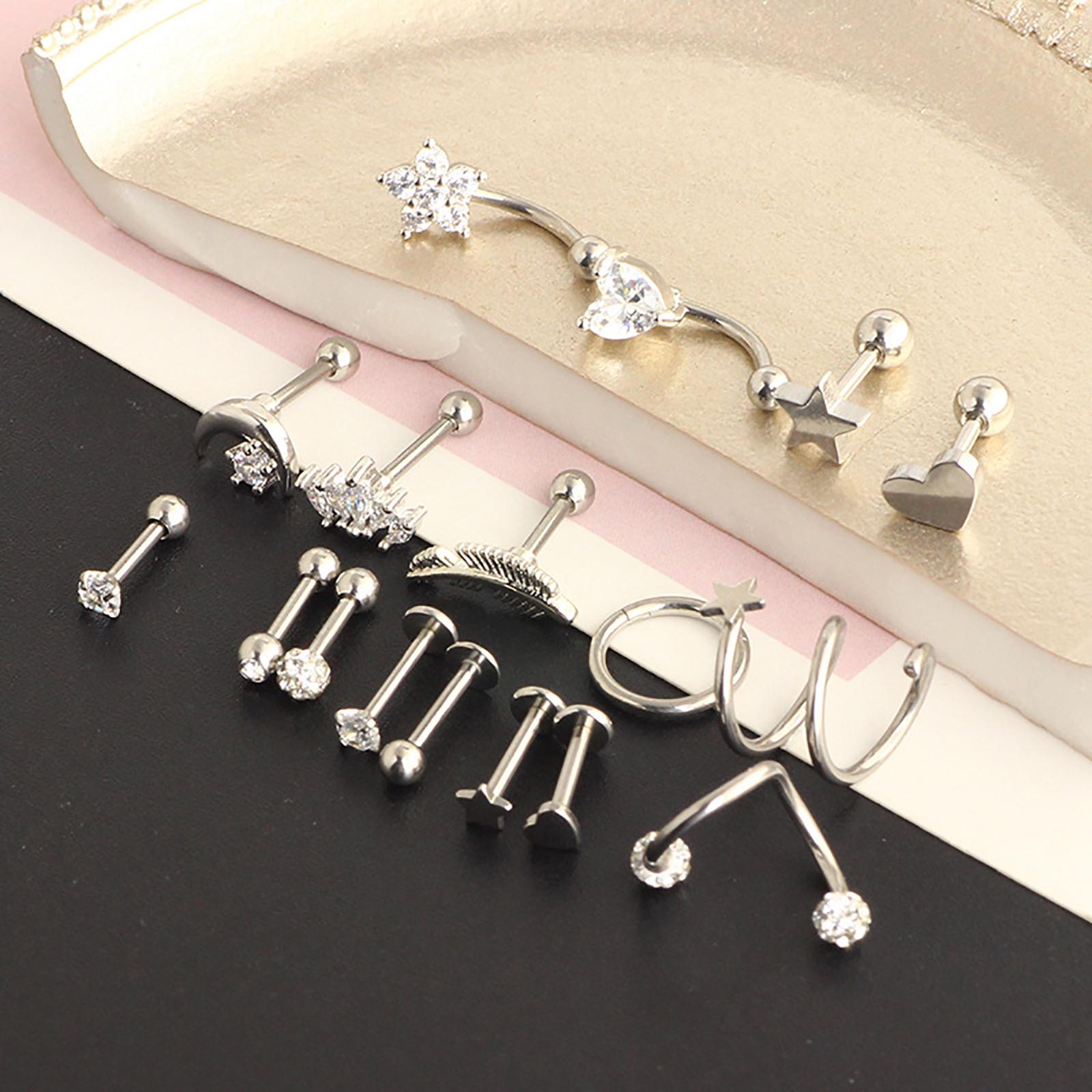17Pcs Stainless Steel Ear Earrings Piercing Jewelry Nose Rings  Gold