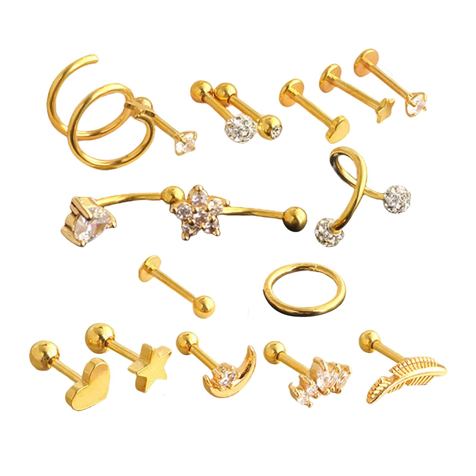17Pcs Stainless Steel Ear Earrings Piercing Jewelry Nose Rings  Gold