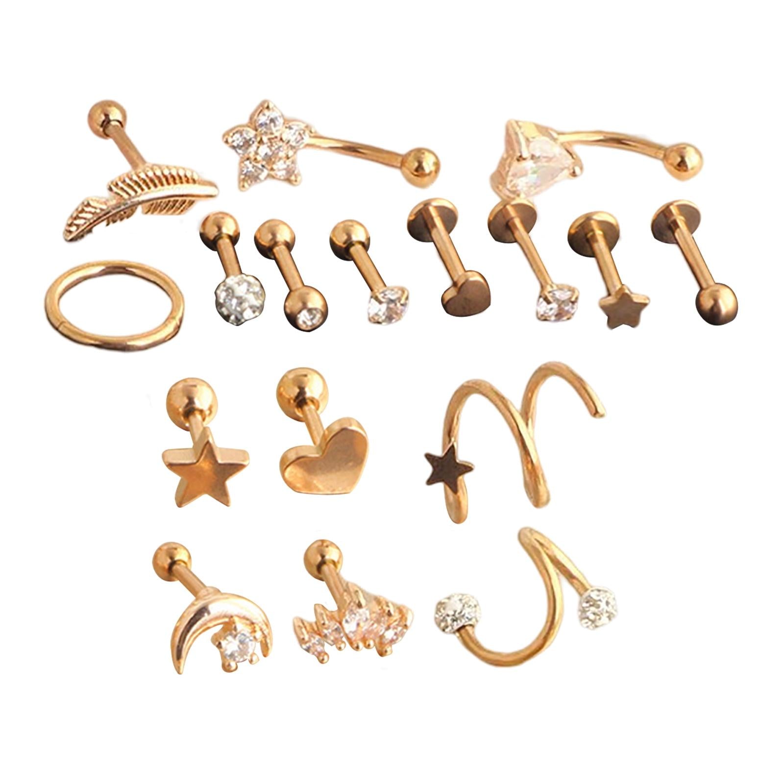 17Pcs Stainless Steel Ear Earrings Piercing Jewelry Nose Rings  Rose Gold
